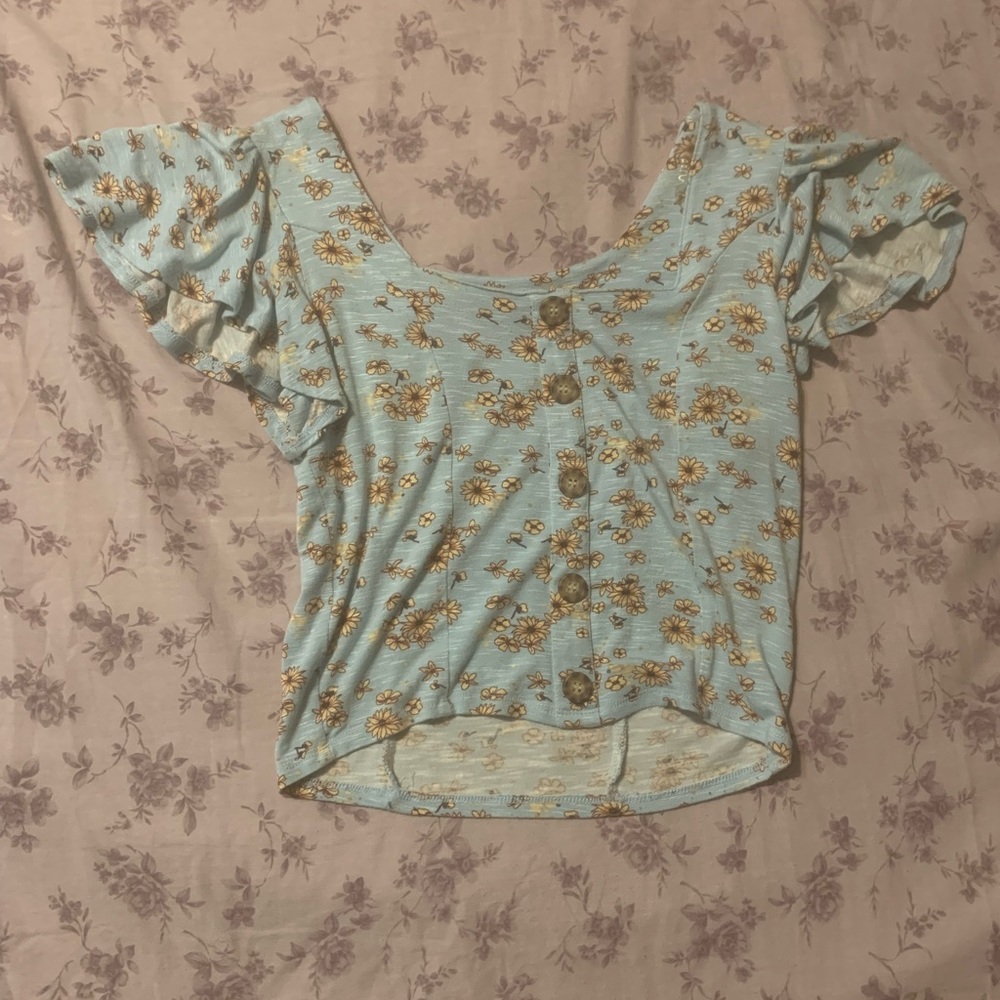 Self Esteem Junior's Printed Flutter Sleeve Top Blue Size Large